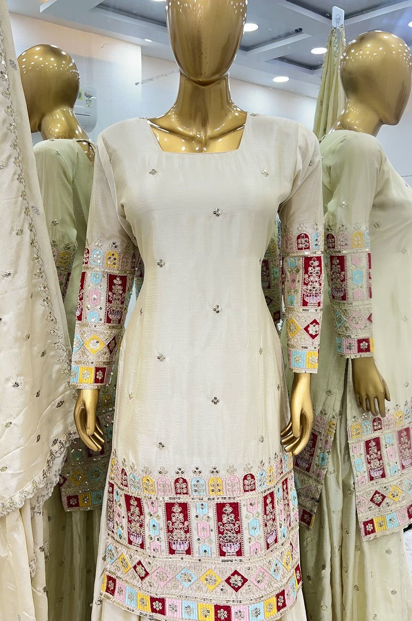 Cream Chinon Silk Embroidered Gharara Suit Set with Dupatta