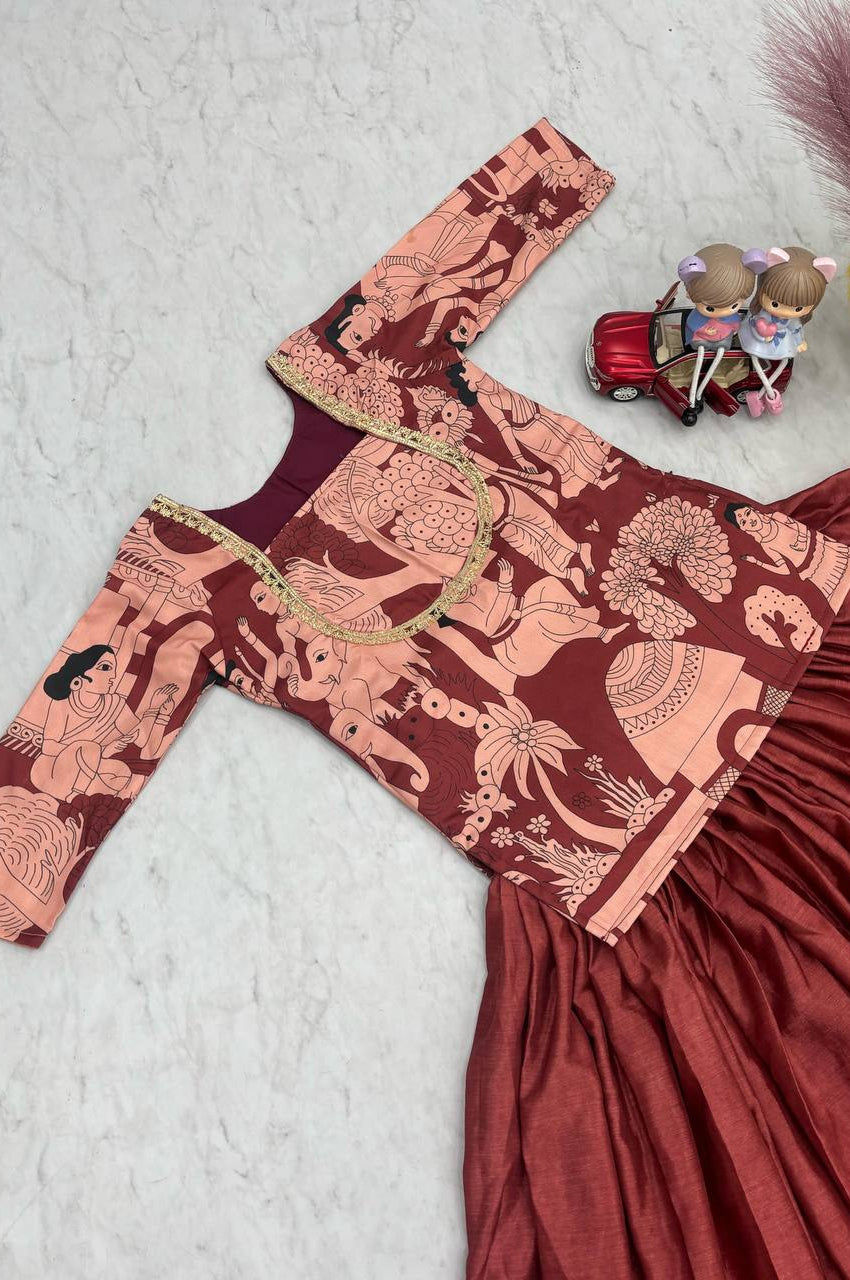 Maroon Chinon Lehenga with Kalamkari Crop Top & Jacket