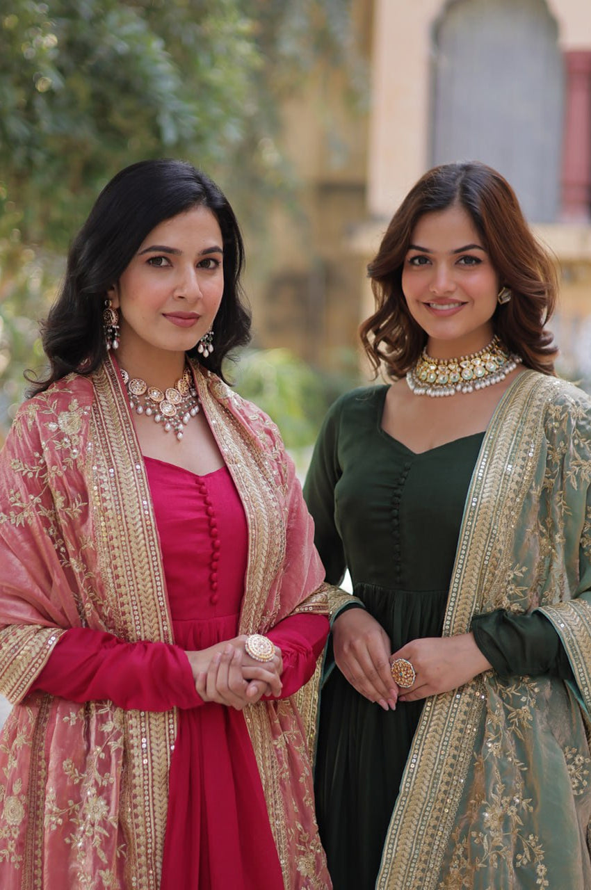 Rani Pink & Green Vichitra Gown with Dupatta β Festive Flair Edition