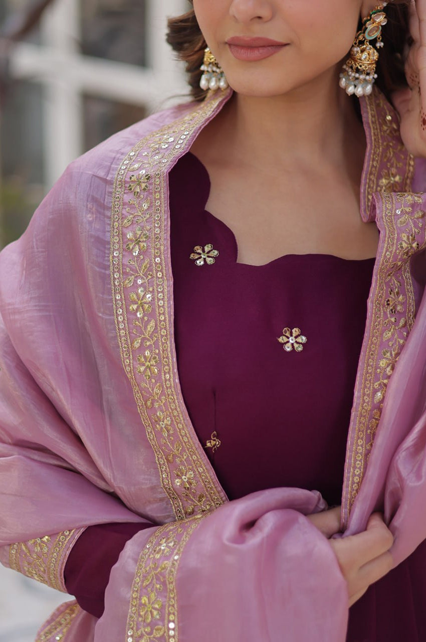 Star Georgette Gown with Dupatta | Maroon | Embroidered Edition