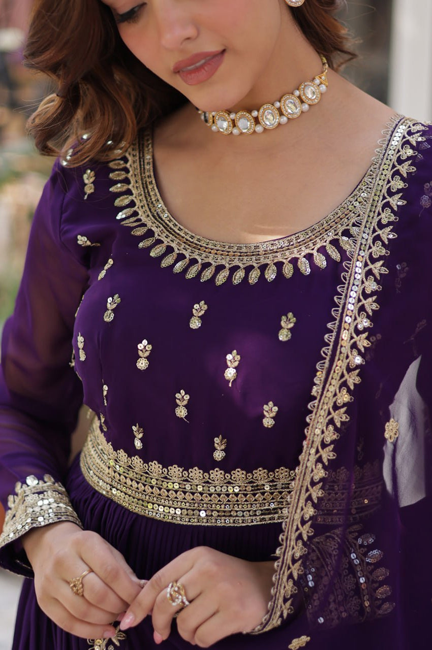 Maroon & Purple Faux Embroidered Gown with Dupatta β Regal Edition
