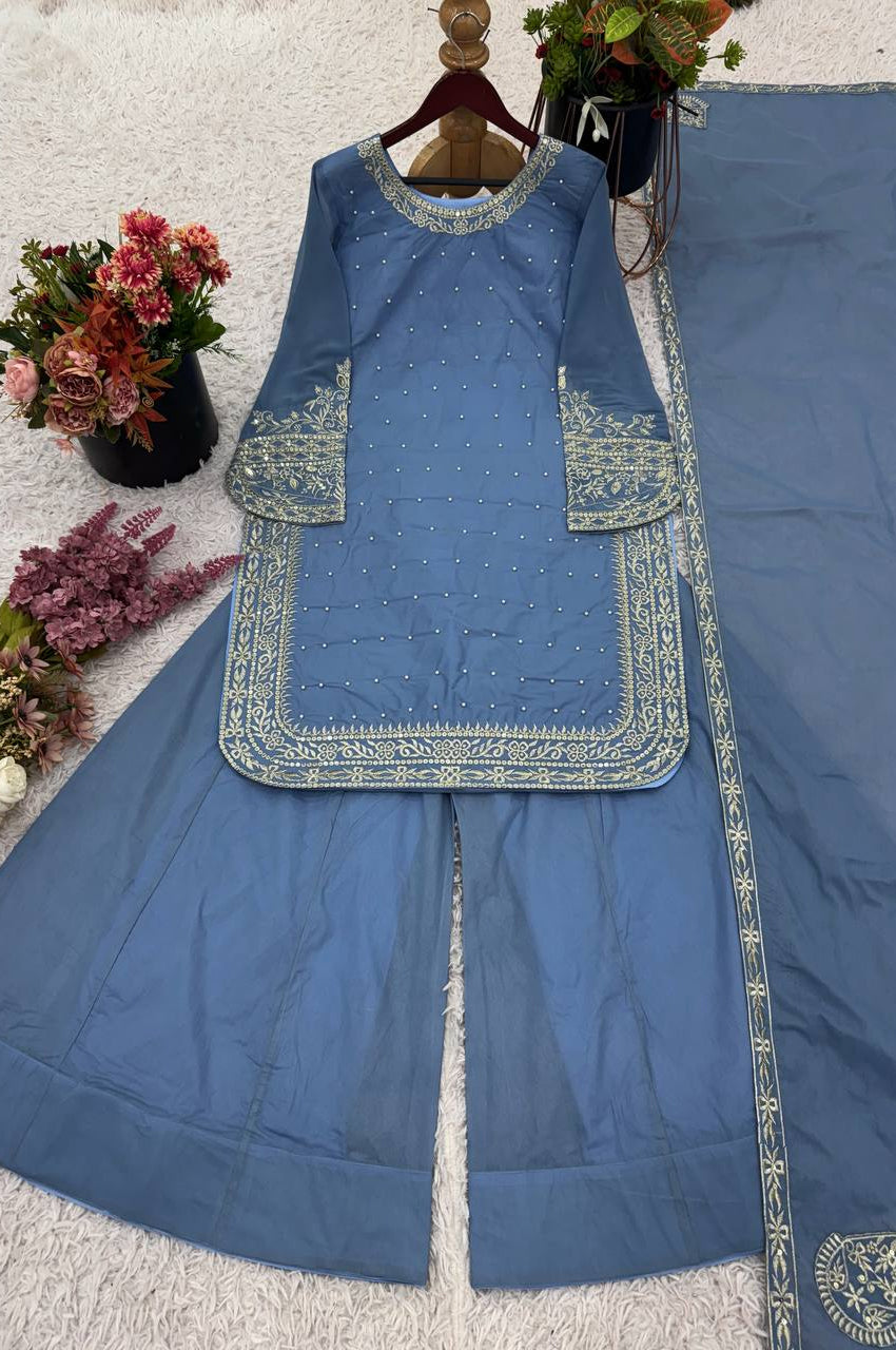 Faux Georgette Designer Sharara Suit with 5mm Sequins Embroidery – Fully Stitched Top, Sharara & Dupatta Set