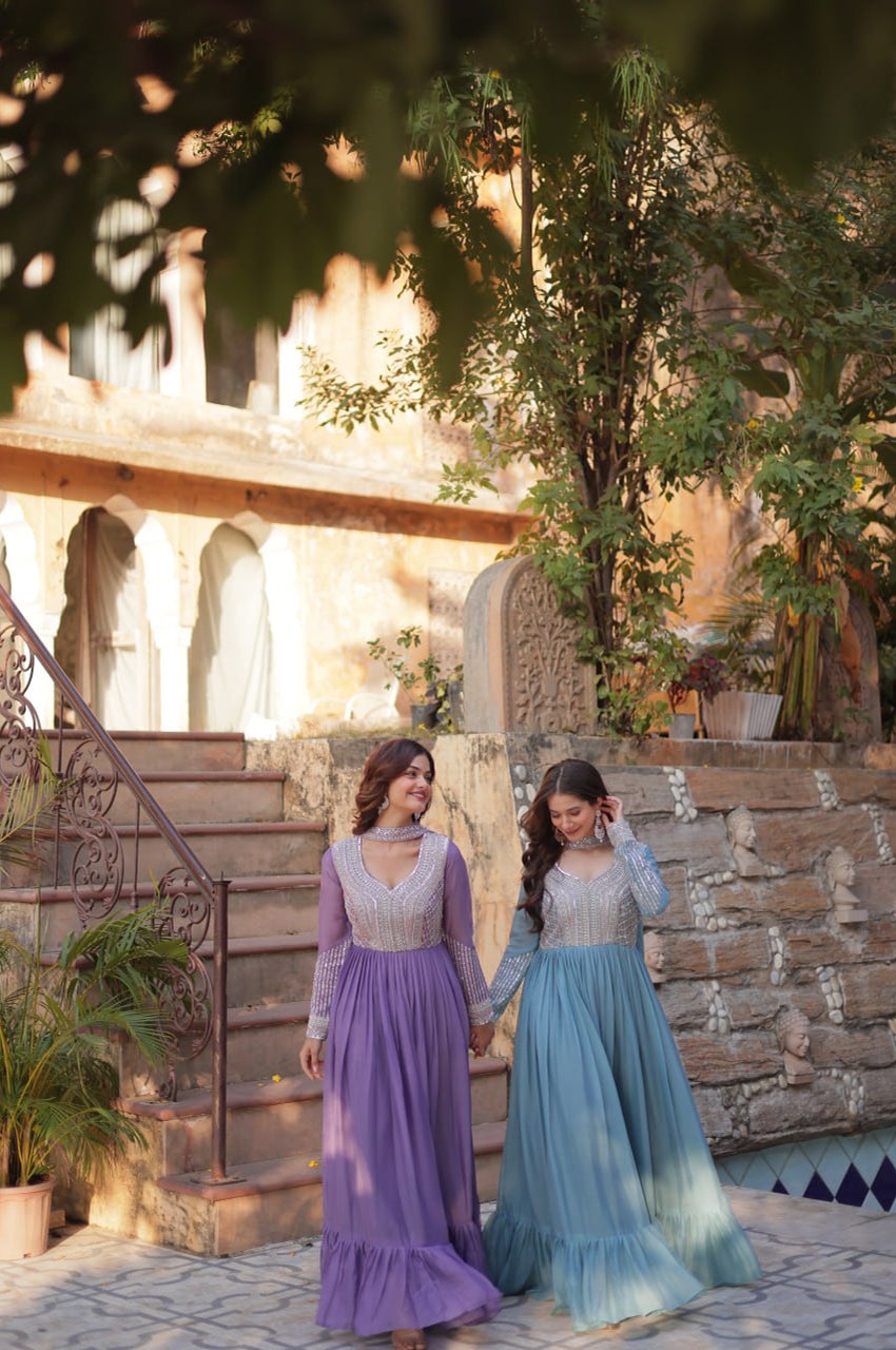 Elegant Star Georgette Gown with Beads + Dupatta | Sky Blue & Purple