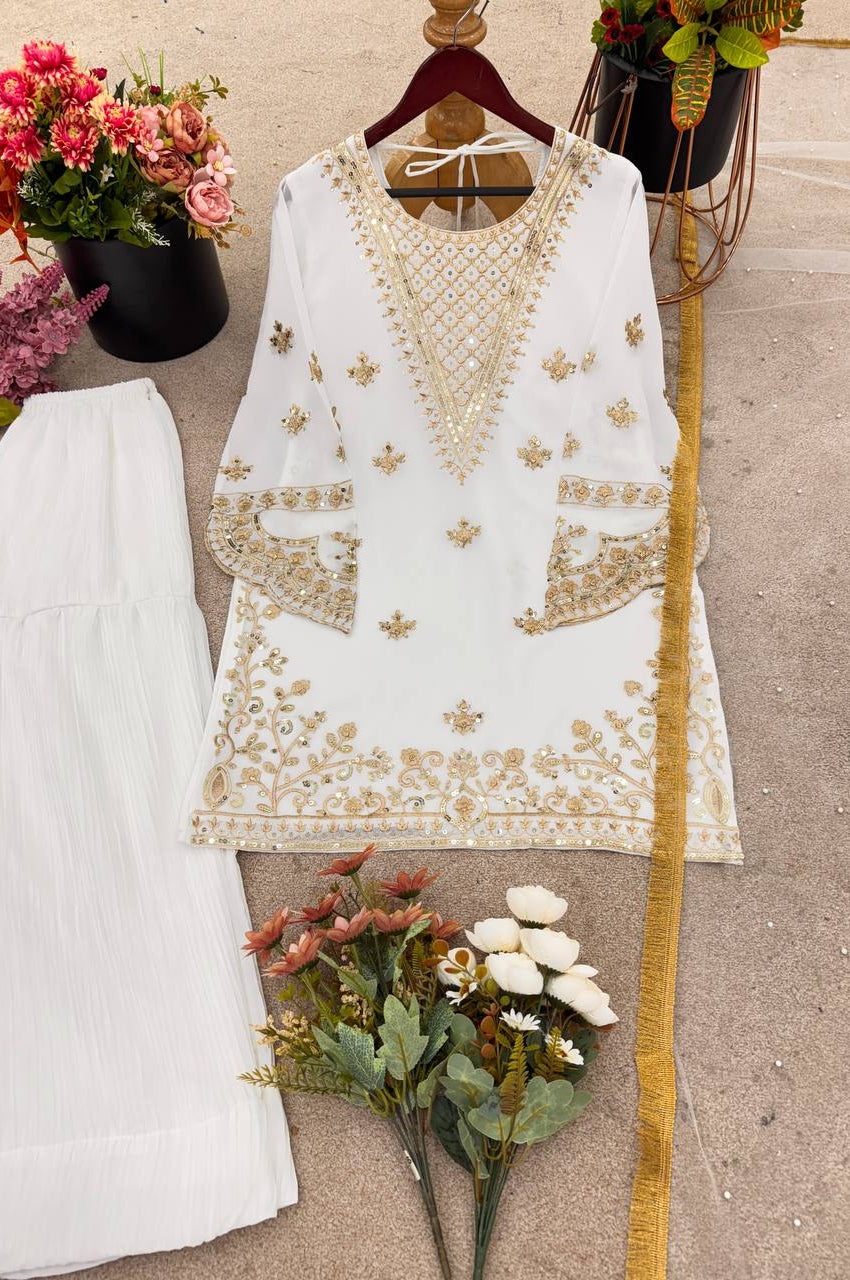 Embroidered Fox Georgette Sharara Suit with Moti Work Net Dupatta – Fully Stitched Elegance