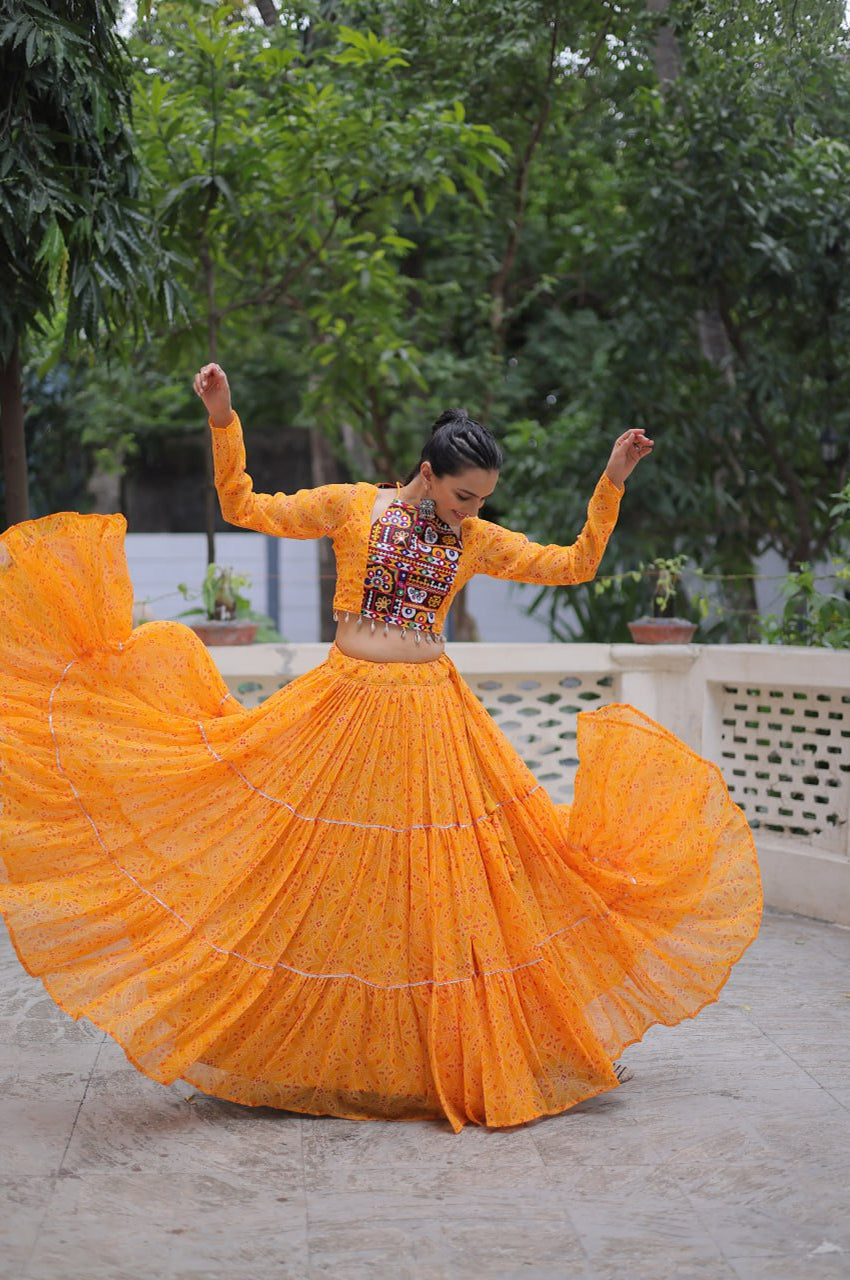 Bandhej Print Navratri Lehenga Choli with Gamthi Embroidery & Gotta Patti Lace β 12 Meter Flair (Fully Stitched)