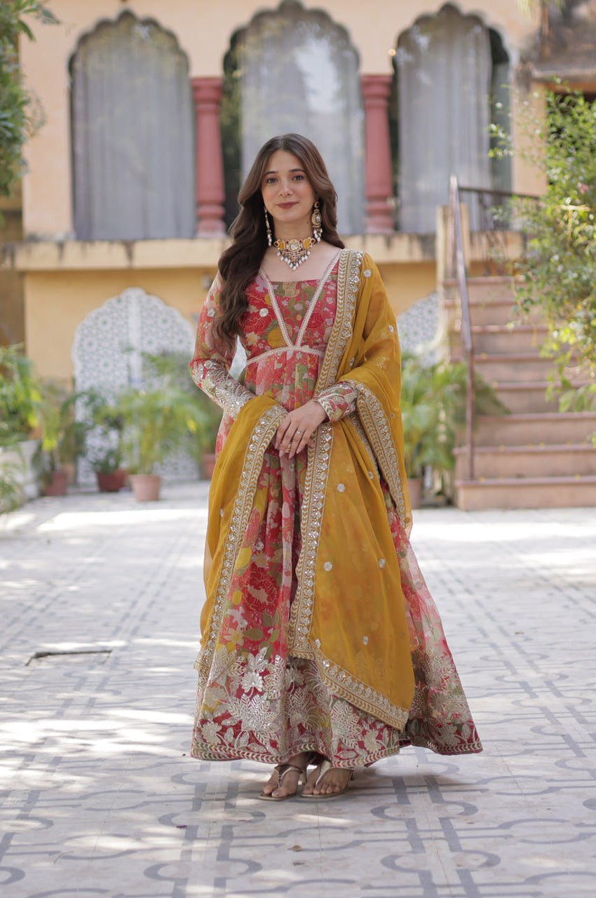 Elegant Alia Cut Russian Silk Gown with Dupatta (Orange & Green)