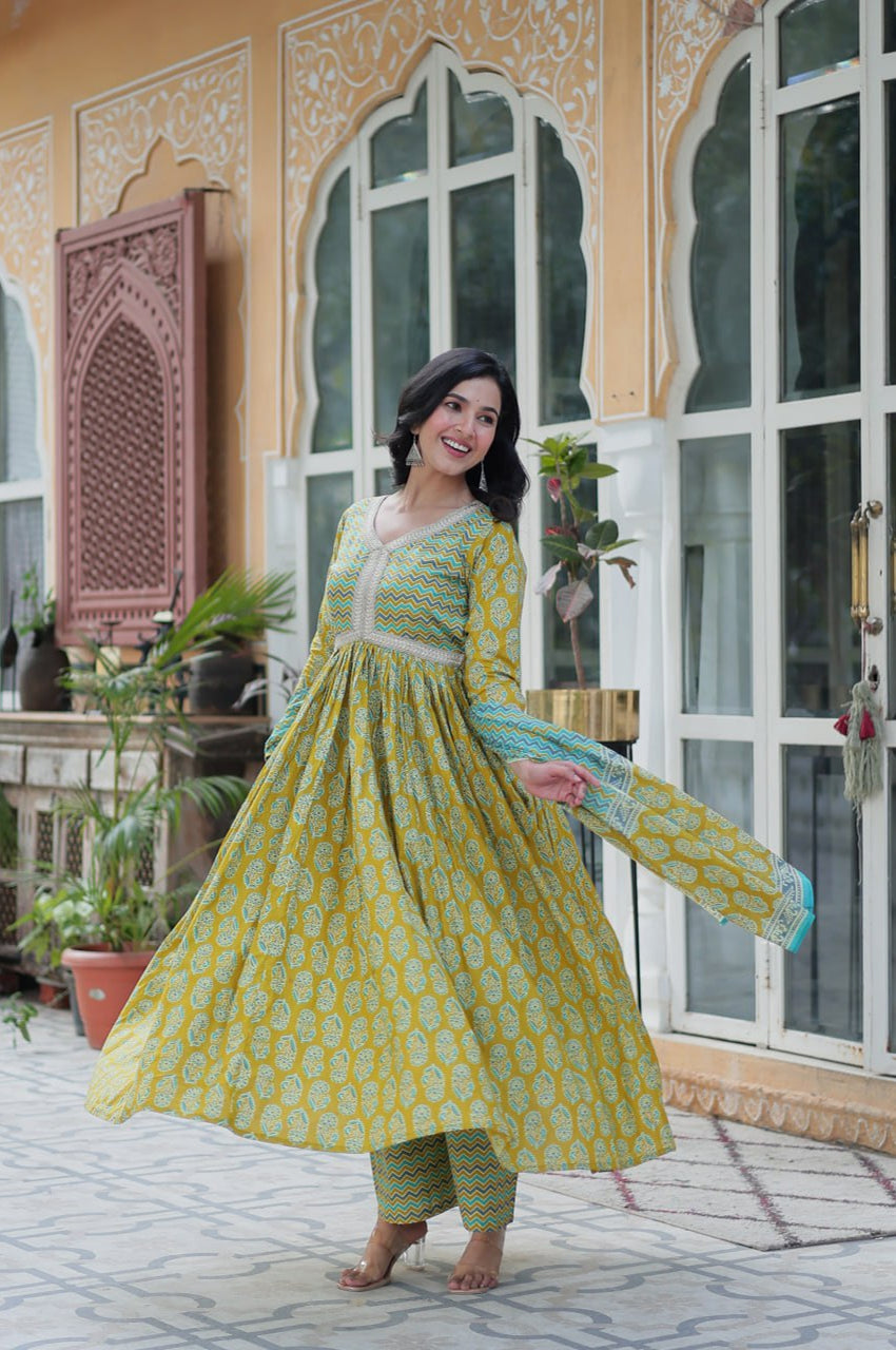 Pure Cotton Kurti Pant Dupatta Set | Coffee & Green | Ethnic Luxe