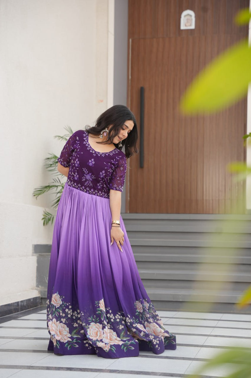 Designer Blue & Purple Gown with Embroidery & Floral Digital Print