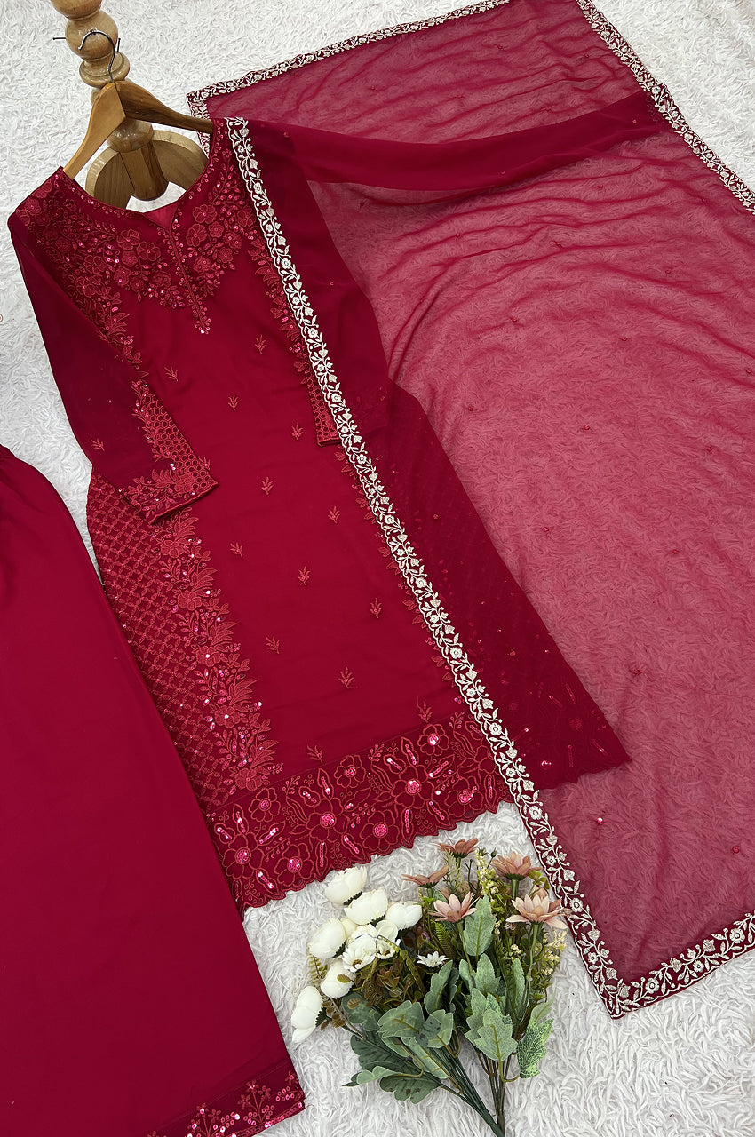 Faux Georgette Party Wear Set with Heavy Embroidery & Sequins – Top, Plazzo & Dupatta (Fully Stitched)