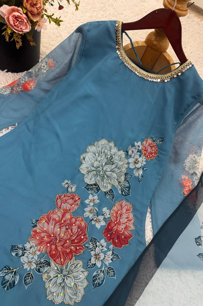 Fox Georgette Digital Print Sharara Suit with Real Hand Work & Organza Dupatta – Ready to Wear Elegance