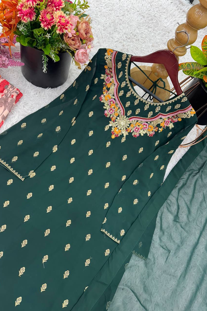 Fox Georgette Embroidered Sharara Suit with Printed Flair & Dupatta – Fully Stitched Elegance