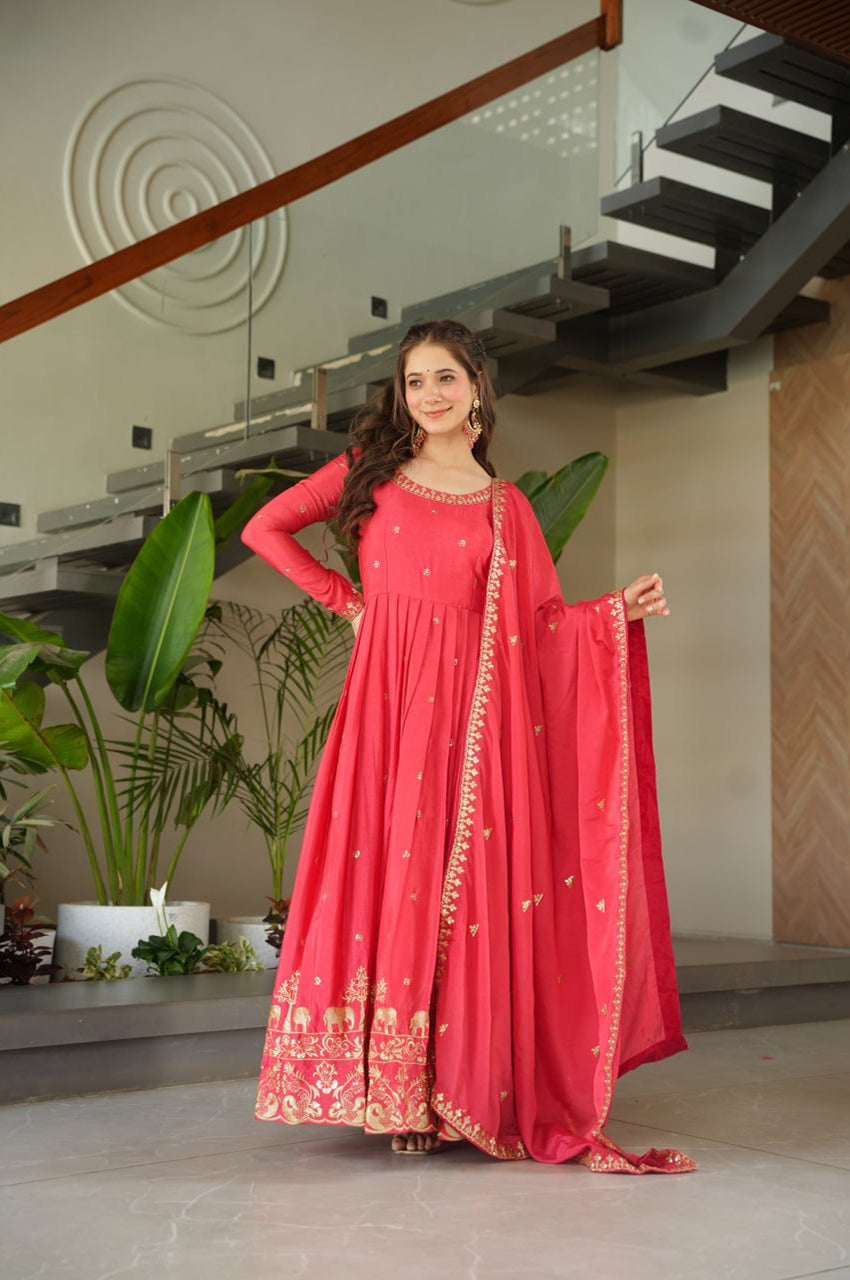 Premium Red Chinnon Embroidered Gown with Dupatta