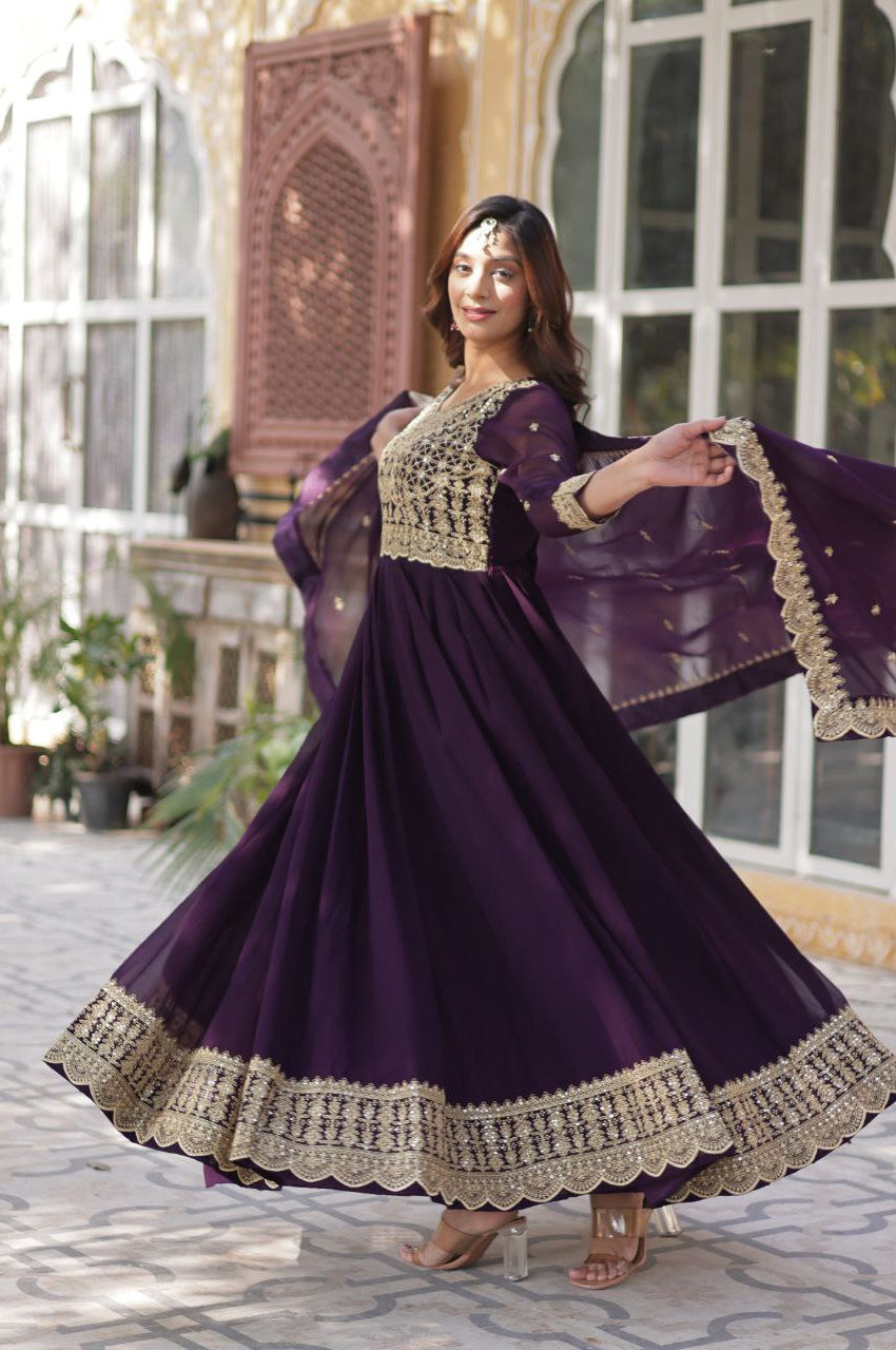 Red & Purple Embroidered Gown with Dupatta β Wear Designer Collection