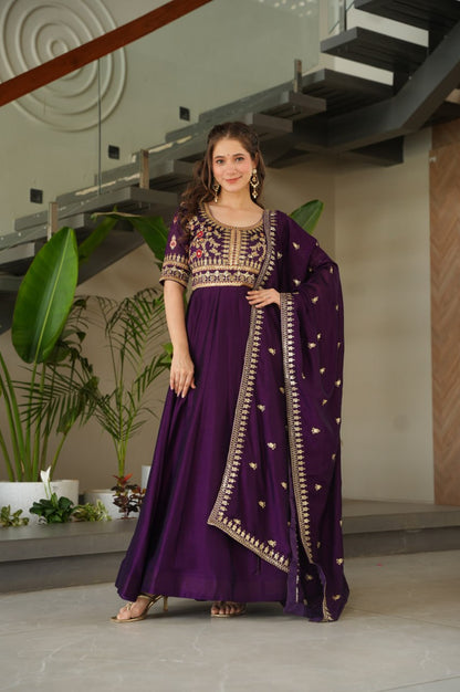 Premium Vichitra Silk Gown with Dupatta (Red & Purple Variants)