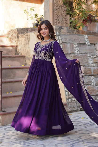 Premium Faux Blooming Embroidered Gown with Dupatta (Maroon & Purple)