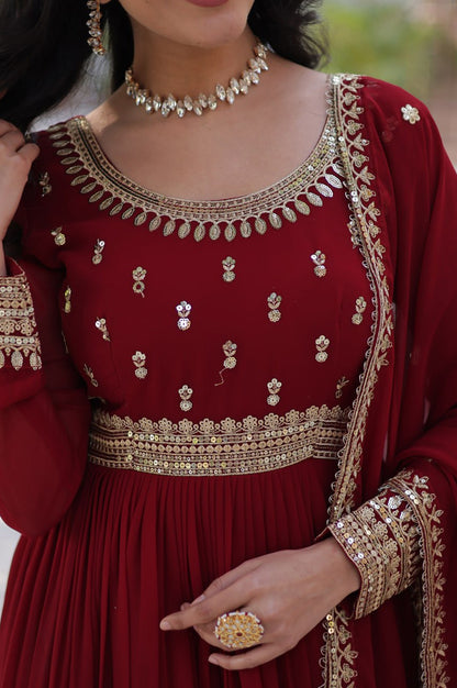 Maroon & Purple Faux Embroidered Gown with Dupatta – Regal Edition