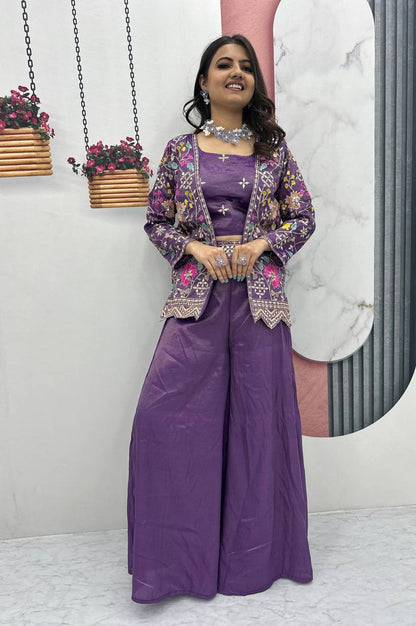 Violet Red & Violet Choli with Embroidered Shrug & Plazzo