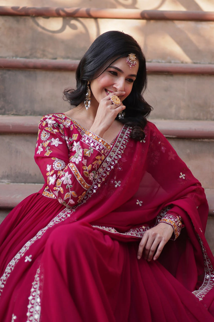 Yellow & Red Designer Gown Set with Zari Sequin Work