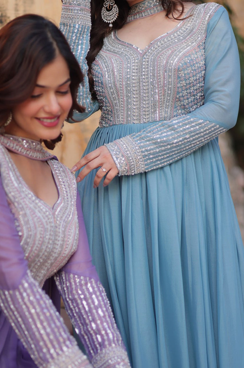 Elegant Star Georgette Gown with Beads + Dupatta | Sky Blue & Purple