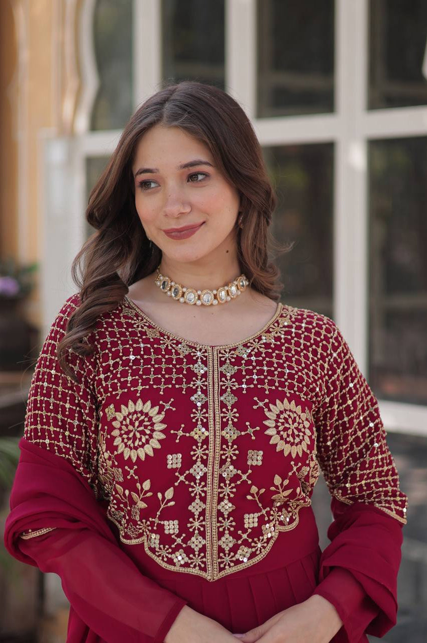 Yellow & Red Faux Blooming Designer Gown with Dupatta