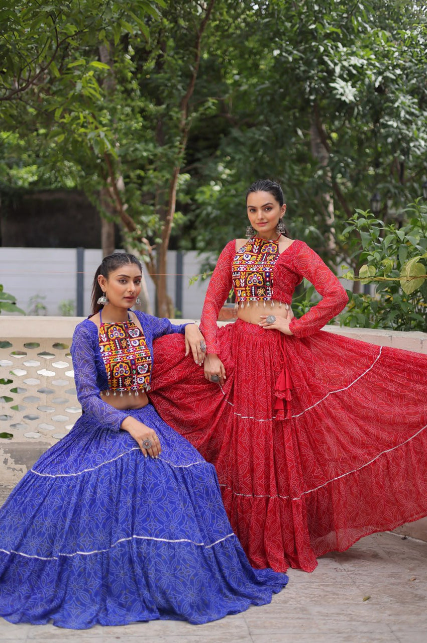 Bandhej Print Navratri Lehenga Choli with Gamthi Embroidery & Gotta Patti Lace – 12 Meter Flair (Fully Stitched)