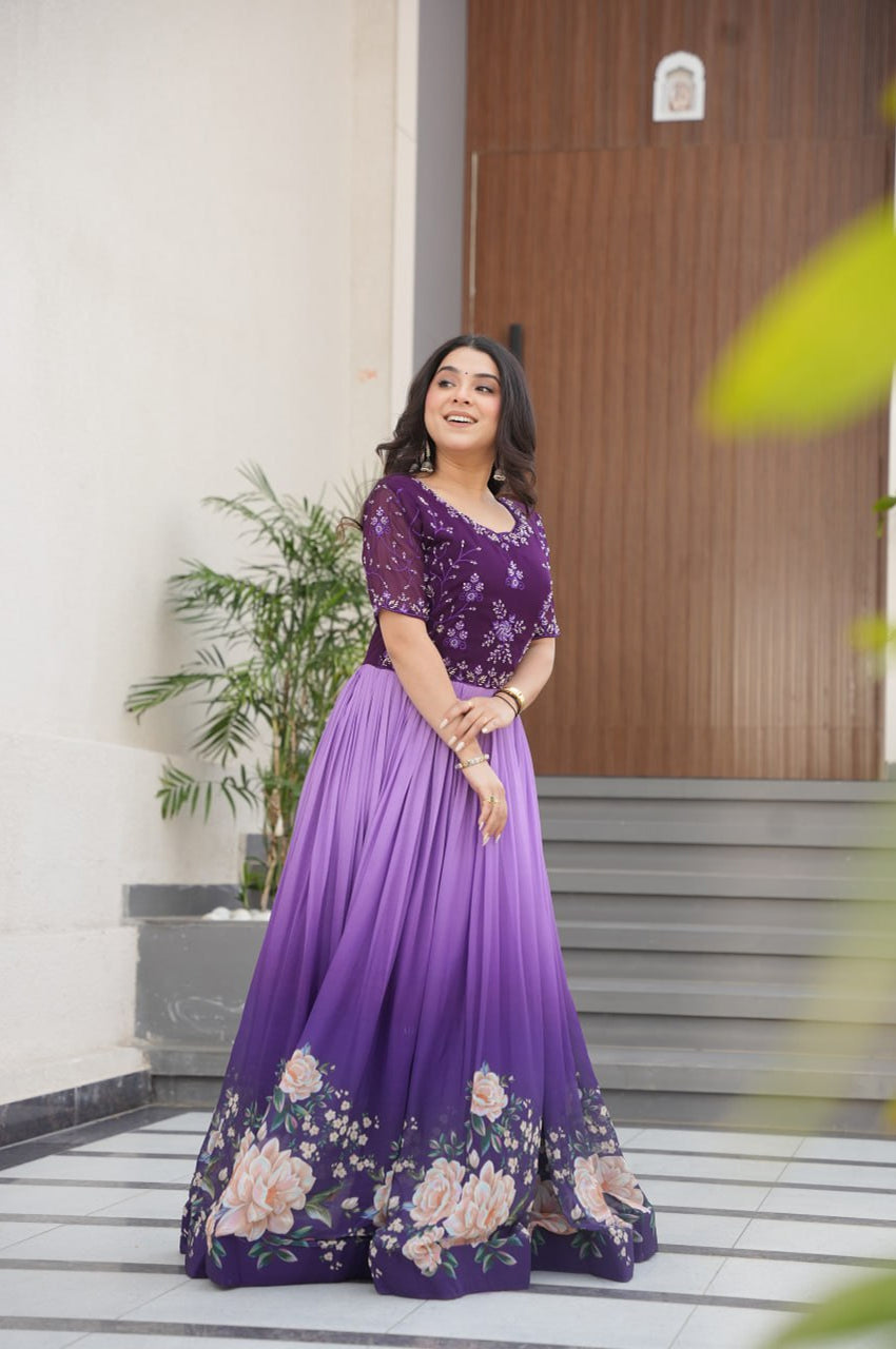 Designer Blue & Purple Gown with Embroidery & Floral Digital Print
