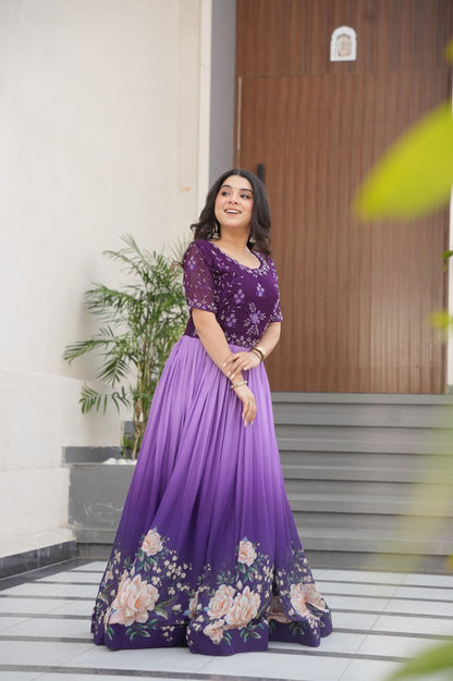 Designer Blue & Purple Gown with Embroidery & Floral Digital Print