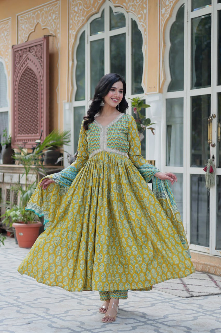 Pure Cotton Kurti Pant Dupatta Set | Coffee & Green | Ethnic Luxe