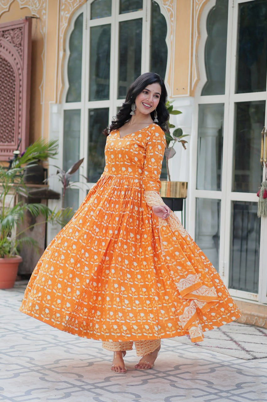 Pure Cotton Kurti Pant Dupatta Set | Gray & Orange | Ethnic Charm