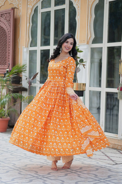 Pure Cotton Kurti Pant Dupatta Set | Gray & Orange | Ethnic Charm