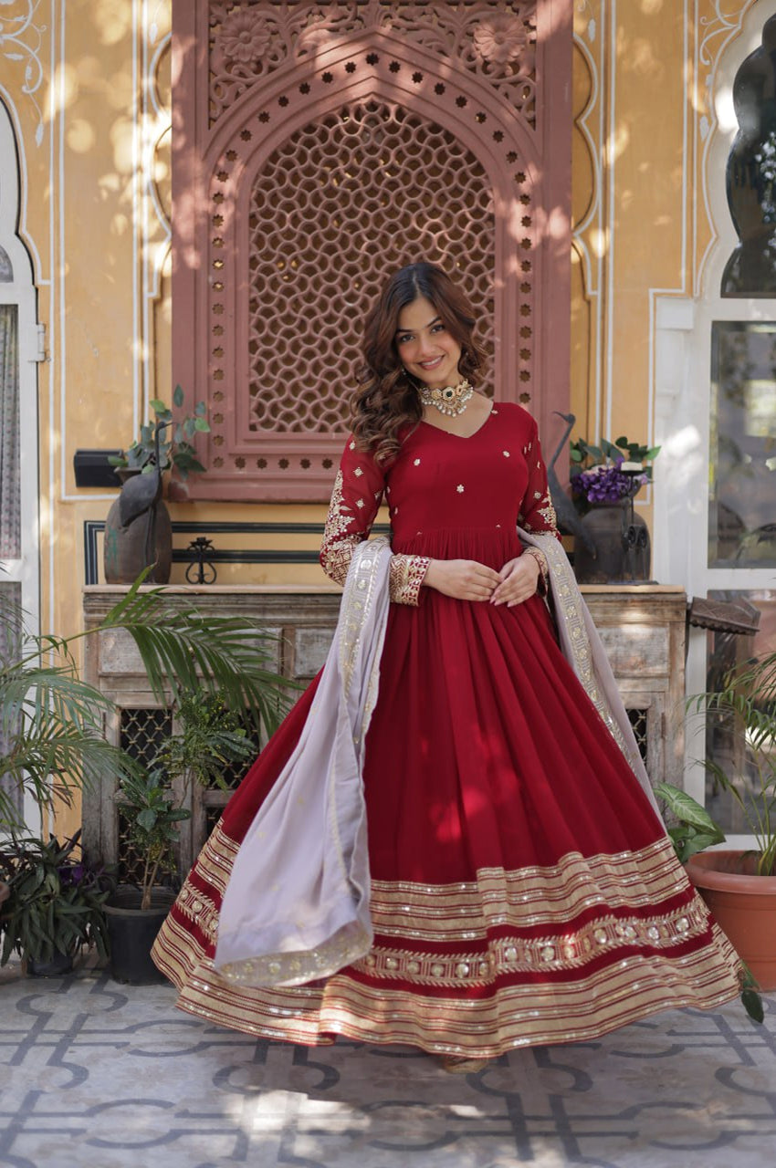 Maroon Designer Gown Set with Zari Sequin Embroidery & Faux Dupatta