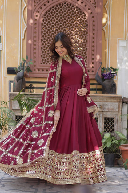 Black & Maroon Star  Gown with Dupatta – Ready-to-Wear Collection