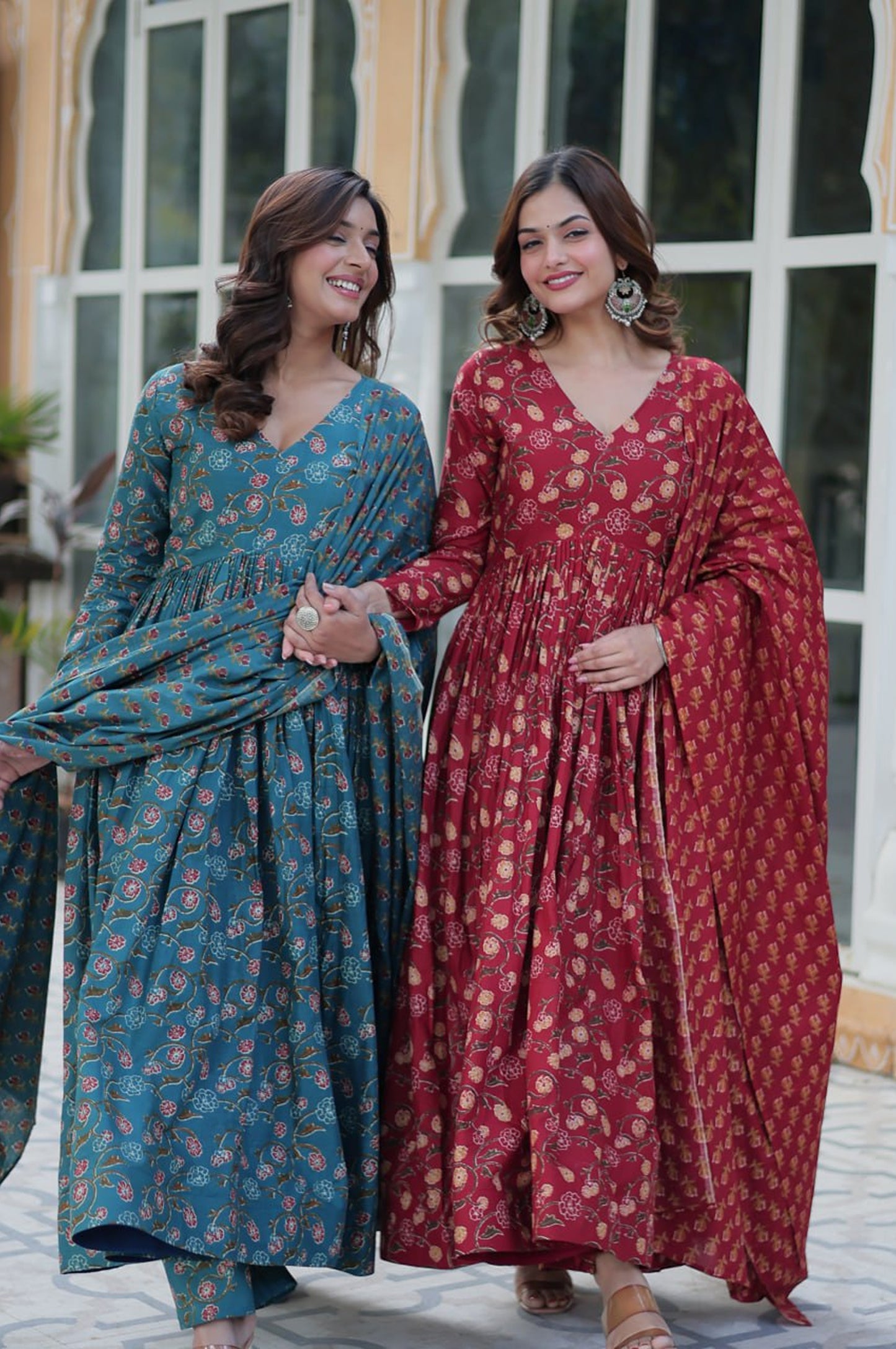 Blue & Red Premium Cotton Kurti with Pant and Dupatta Set