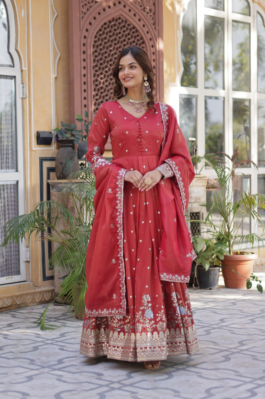 Viscose Cosmos Embroidered Gown Set | Red  | Elegant Festive Wear
