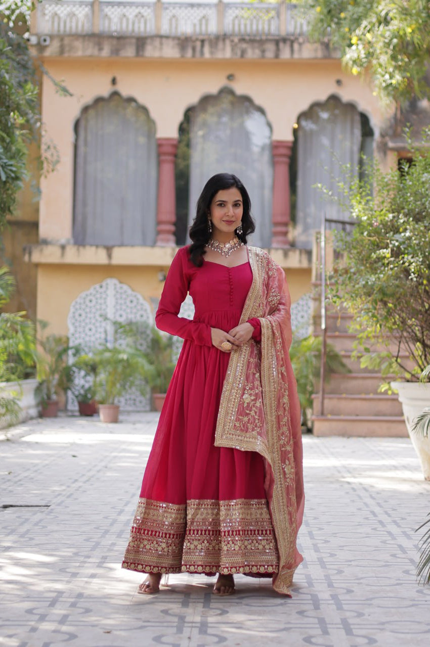 Rani Pink & Green Vichitra Gown with Dupatta – Festive Flair Edition