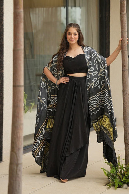 Black Indo-Western Drape Skirt Set with Embroidered Blouse & Shrug