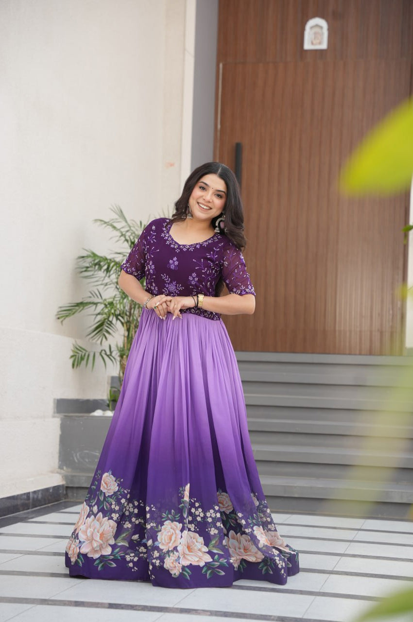 Designer Blue & Purple Gown with Embroidery & Floral Digital Print