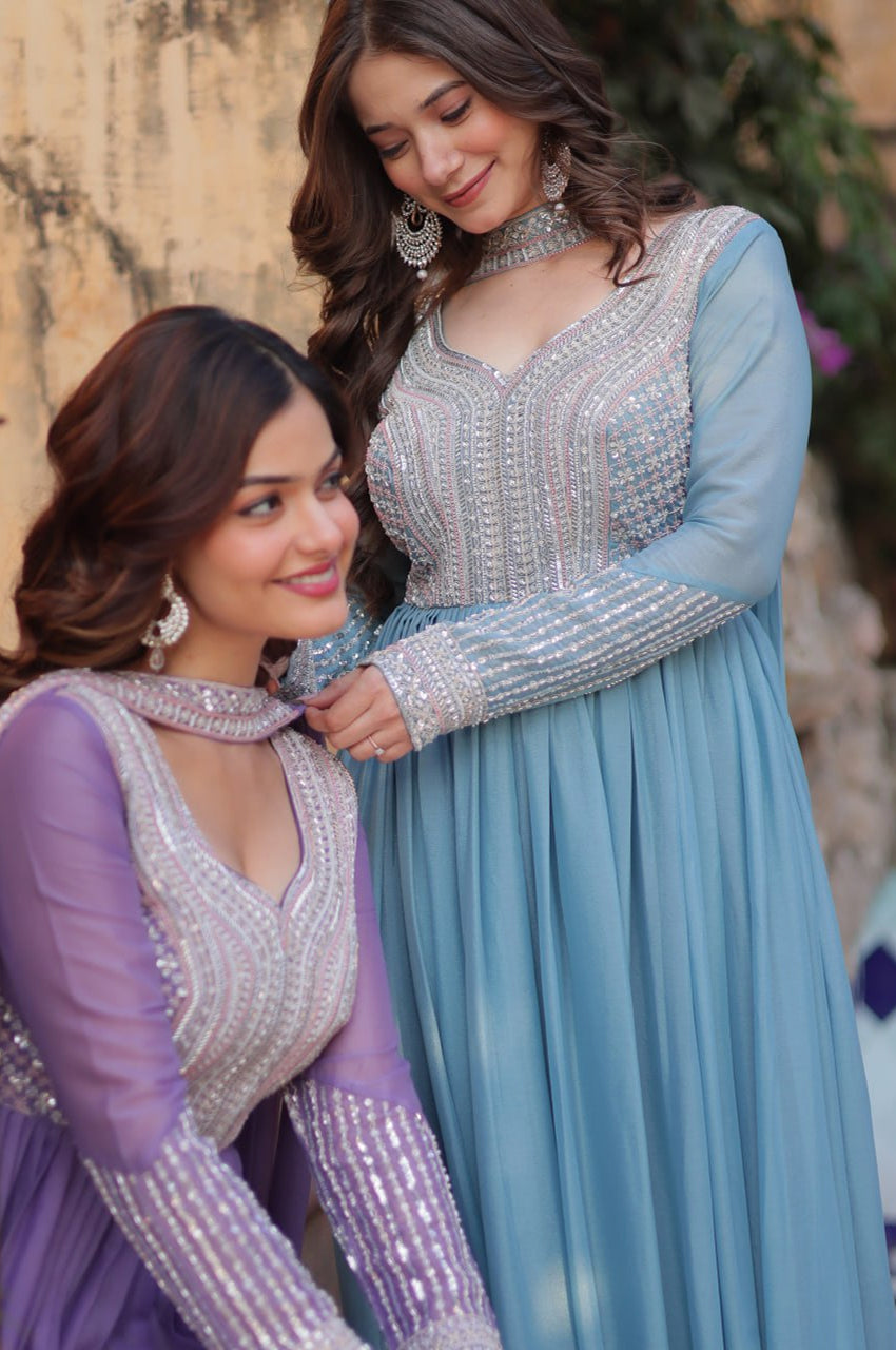 Elegant Star Georgette Gown with Beads + Dupatta | Sky Blue & Purple