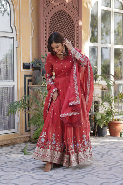Viscose Cosmos Embroidered Gown Set | Red  | Elegant Festive Wear