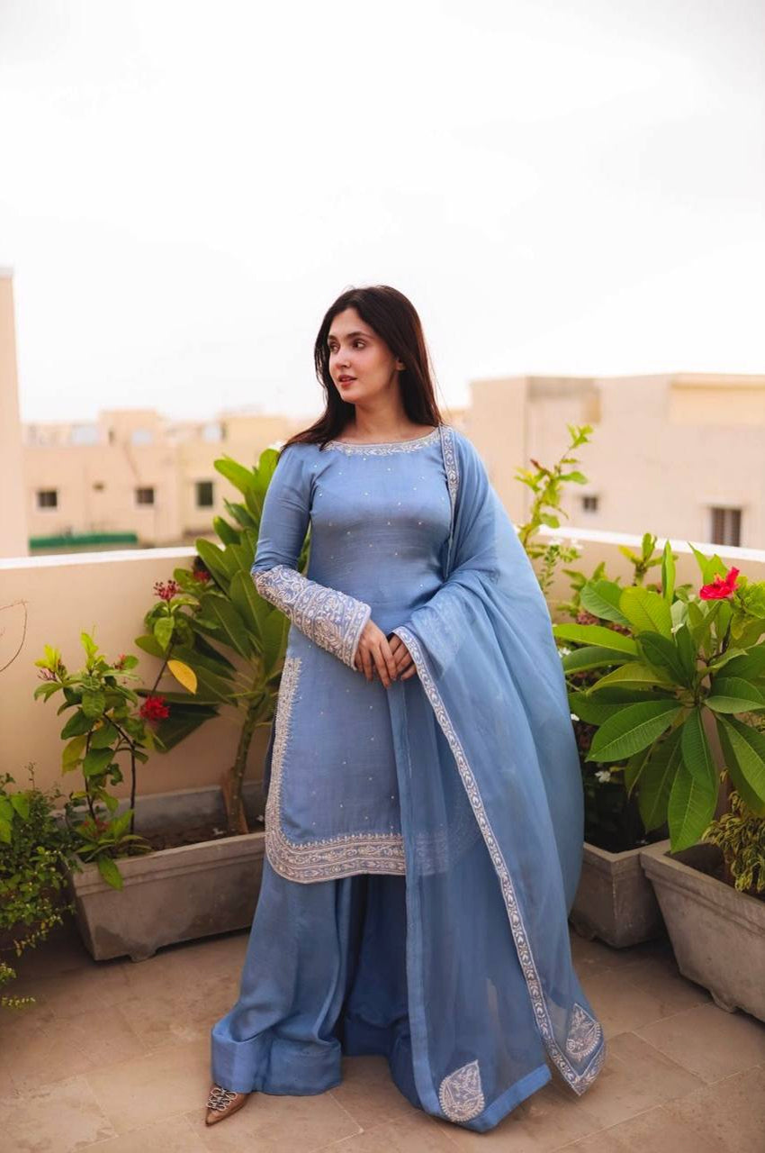 Faux Georgette Designer Sharara Suit with 5mm Sequins Embroidery – Fully Stitched Top, Sharara & Dupatta Set