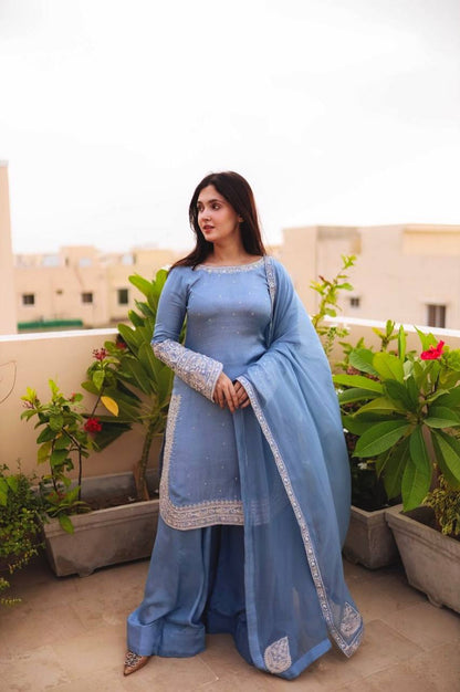 Faux Georgette Designer Sharara Suit with 5mm Sequins Embroidery – Fully Stitched Top, Sharara & Dupatta Set