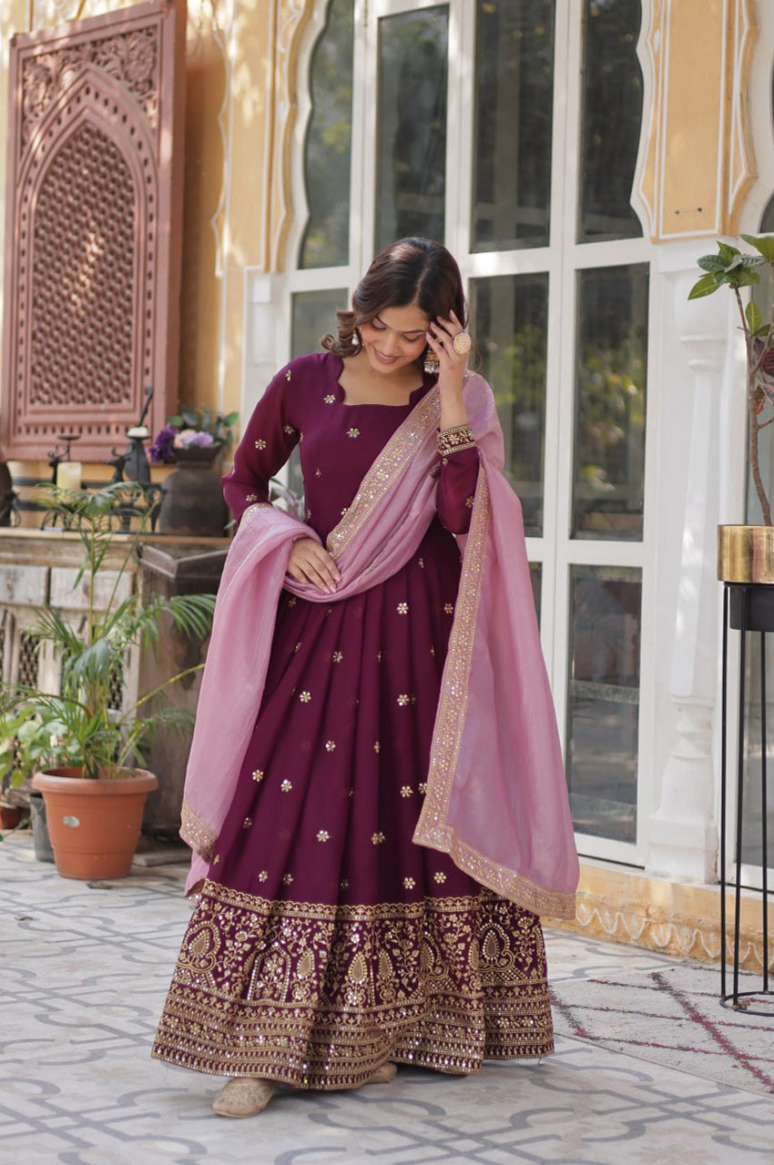 Star Georgette Gown with Dupatta | Maroon | Embroidered Edition