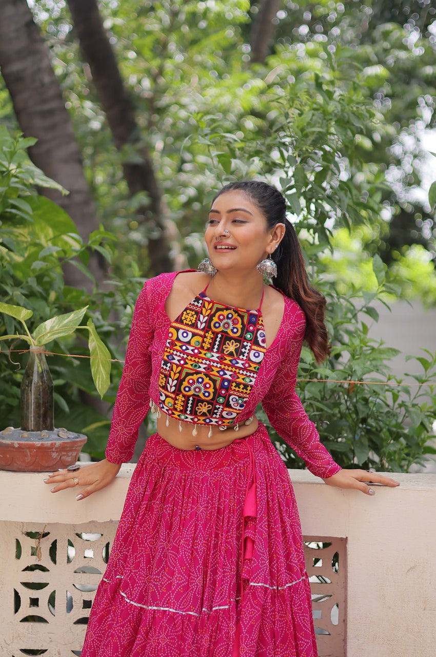 Bandhej Print Navratri Lehenga Choli with Gamthi Embroidery & Gotta Patti Lace – 12 Meter Flair (Fully Stitched)