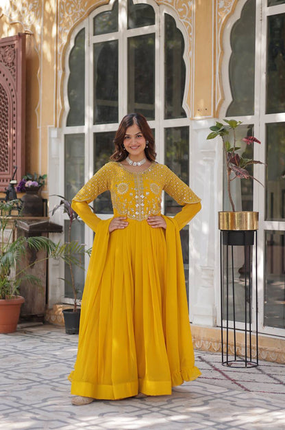 Yellow & Red Faux Blooming Designer Gown with Dupatta