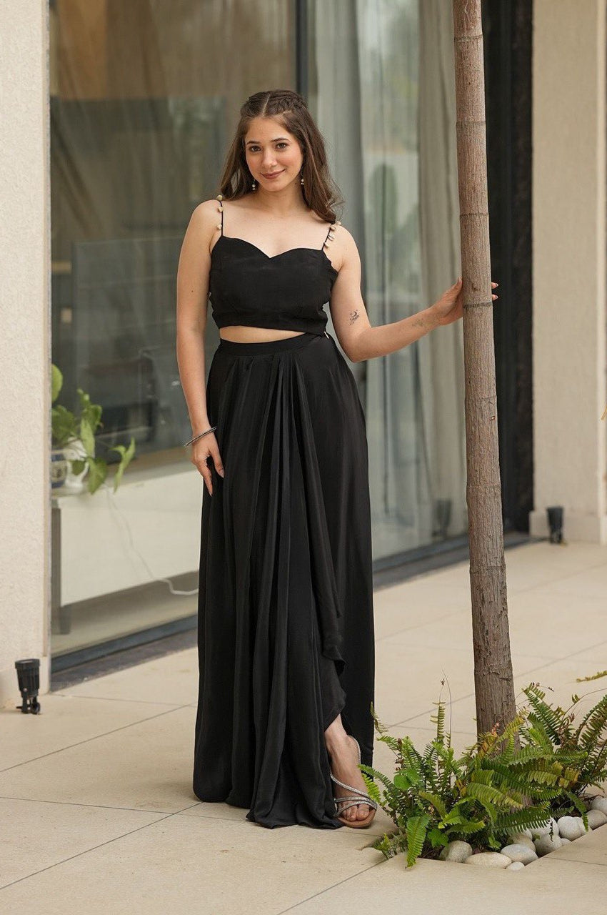 Black Indo-Western Drape Skirt Set with Embroidered Blouse & Shrug