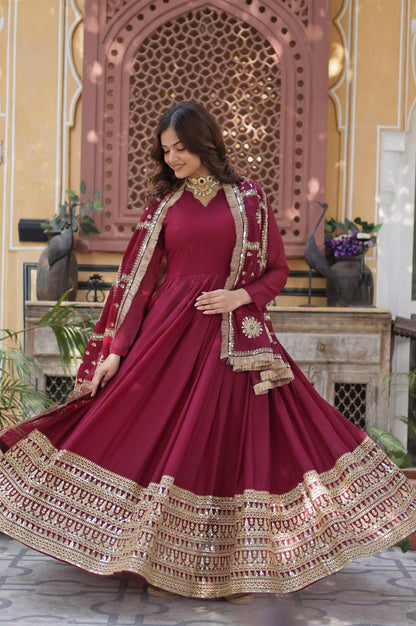 Black & Maroon Star  Gown with Dupatta – Ready-to-Wear Collection