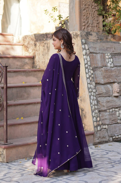 Premium Faux Blooming Embroidered Gown with Dupatta (Maroon & Purple)