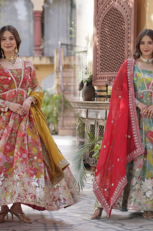 Elegant Alia Cut Russian Silk Gown with Dupatta (Orange & Green)