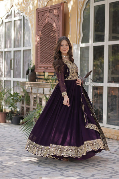 Faux Embroidered Gown Set | Rama & Purple | Premium Festive Wear