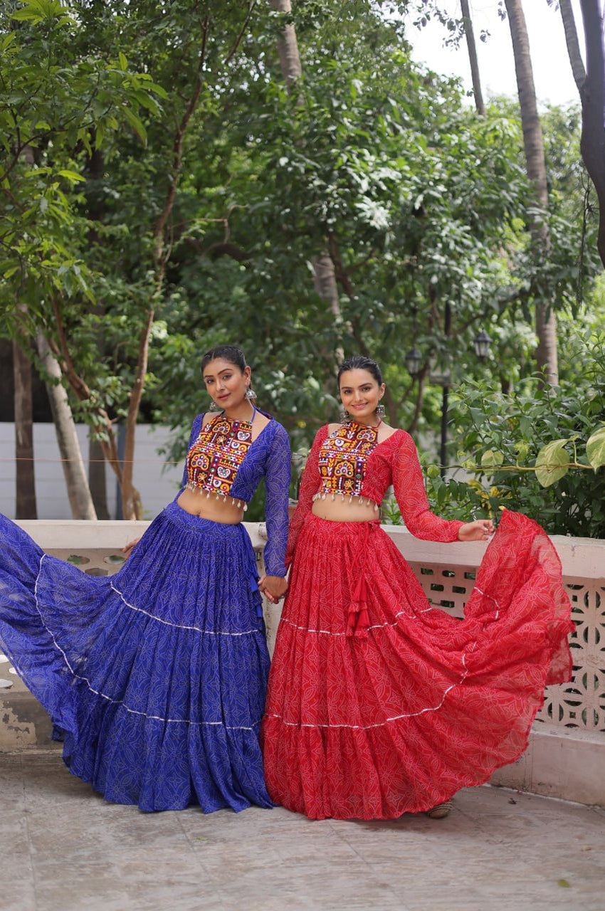 Bandhej Print Navratri Lehenga Choli with Gamthi Embroidery & Gotta Patti Lace – 12 Meter Flair (Fully Stitched)